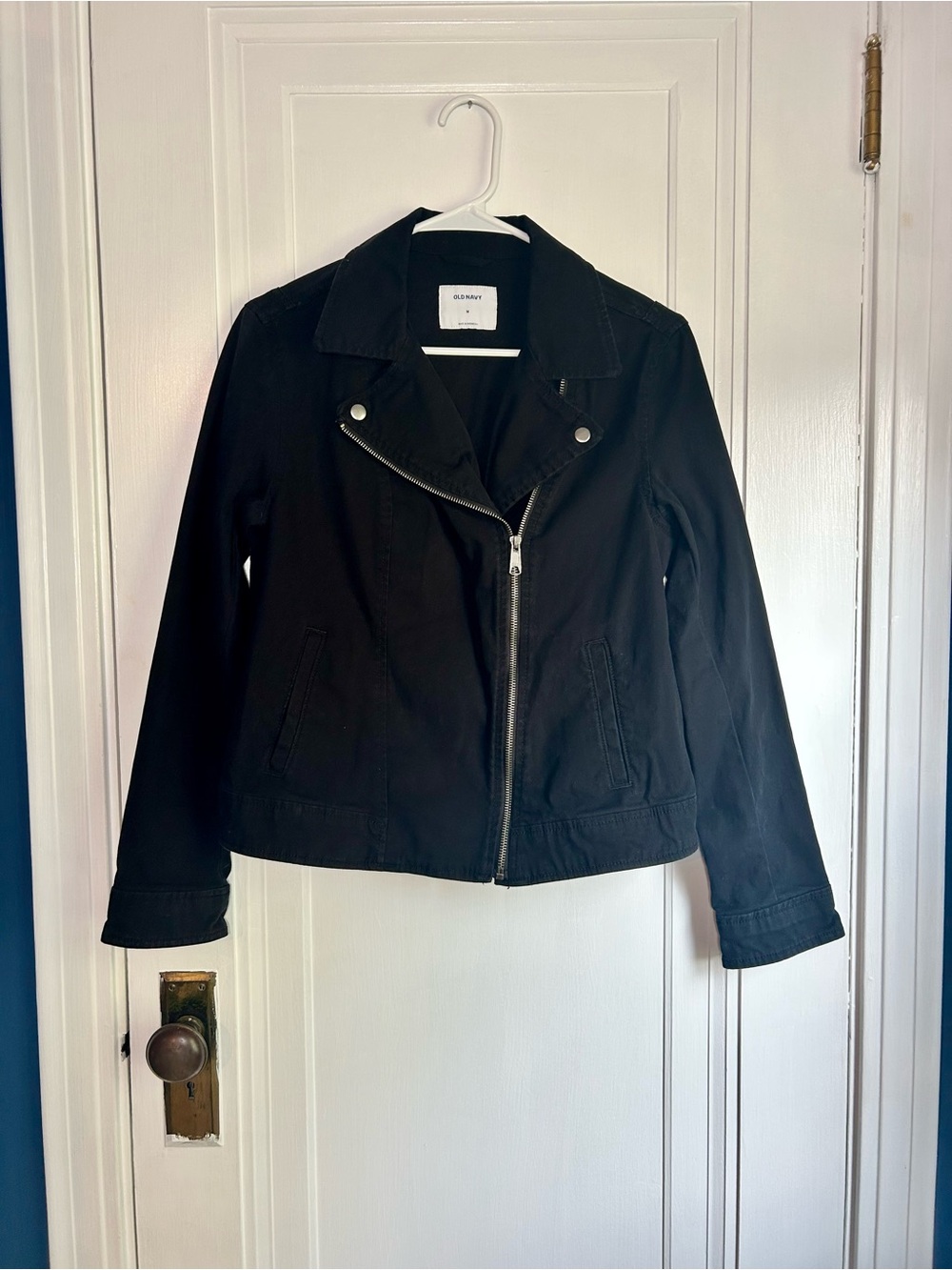 Old Navy Black Moto Jacket Women's Medium Zip Front Denim Biker Coat Size Medium - Picture 6 of 11